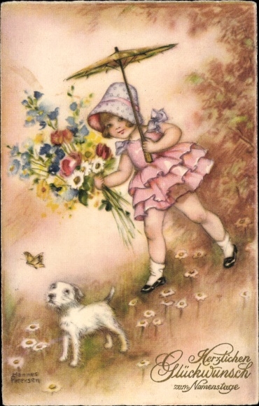 Kunstenaar Ak Petersen, H., gefeliciteerd naamdag, meisje, boeket bloemen, hond, vlinder