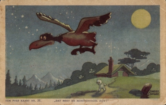 Künstler Ak Toonder, Marten, vermenschlichte Tiere, Humor, Katze, Monstervogel