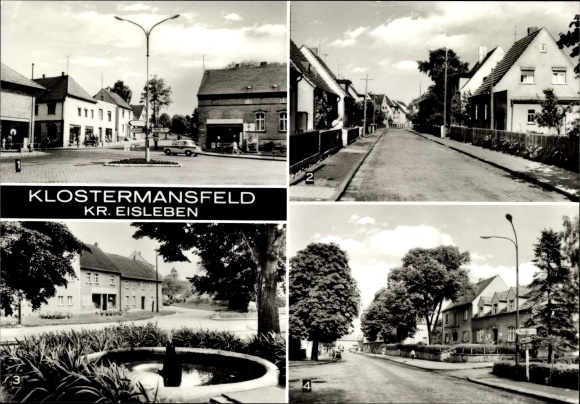 Postcard Klostermansfeld in Saxony Anhalt, Bahnhofstrasse, Ernst-Thälmann-Strasse, Clara Zetkin Strasse