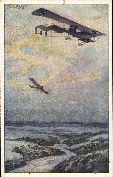 Artist PC Schulze, Hans Rudolf, military biplane on a reconnaissance trip over the Argonne Forest