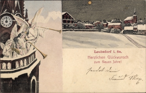 Ak Leubsdorf in Sachsen, Glückwunsch Neujahr, Winteransicht, Engel mit Fanfaren