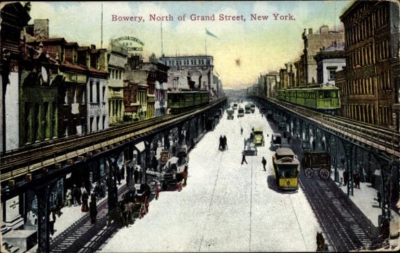 Postcard New York City USA, Bowery, north of Grand Street, streetcar