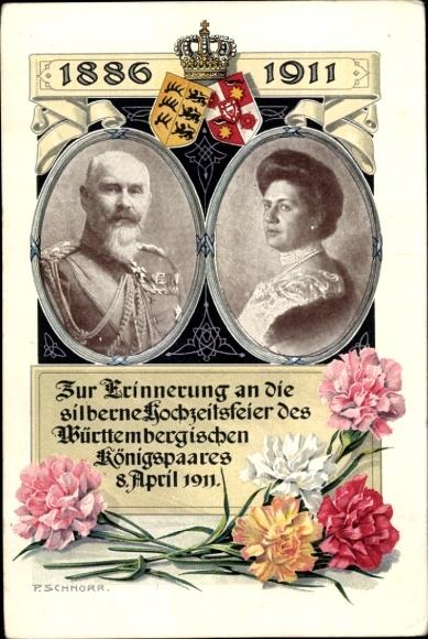 Künstler Ak Schnorr, König Wilhelm II v. Württemberg, Königin Charlotte, Silberhochzeit 1911, Wappen