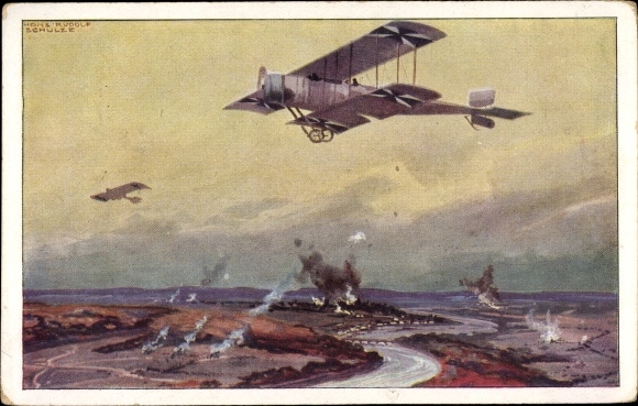 Künstler Ak Schulze, Hans Rudolf, Militärdoppeldecker auf Erkundungsflug an der Marne, I. WK