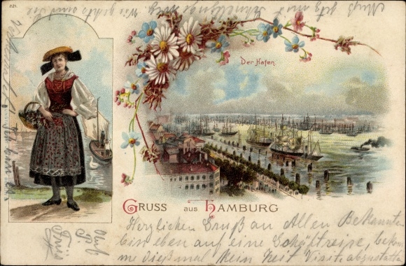 Chromo-Litho Hamburg Mitte Altstadt, woman in costume with basket, view of the harbor, sailing ships