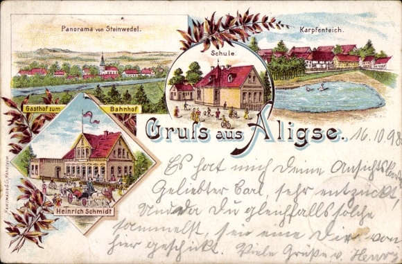 Chromo-Litho Aligse Lehrte, Panorama, School, Gasthof zum Bahnhof, owner Heinrich Schmidt, Carp Pond