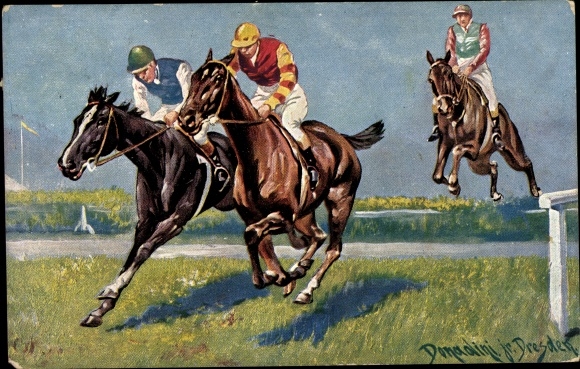 Kunstenaar Ak Jockeys paardrijden, paardenraces