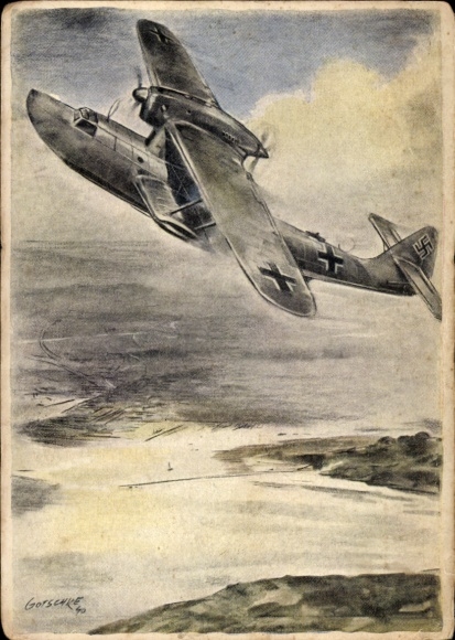 Artist Postcard Gutschke, German Air Force, maritime reconnaissance aircraft, flying boat Dornier Do 18 during coastal flight