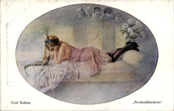 Artist Postcard Bubna, Count, Crocodile Tears, Lying Woman in Underwear