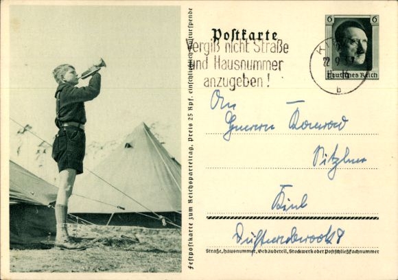 Postal stationery Postcard HJ Pimpf blows the roll call, tent camp, Reich Party Rally 1937