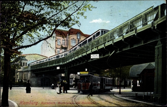 PC Hamburg North Barmbek, market place with elevated train, tram