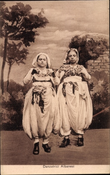 Postcard Albania, Danzatrici Albanesi, Albanian dancers in folk costumes