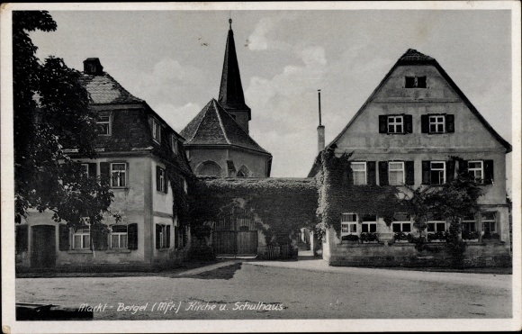 Postcard Marktbergel Middle Franconia, church, schoolhouse