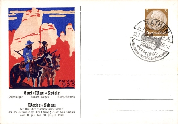 Postal stationery PC Kurort Rathen in the Elbe Sandstone Mountains, Karl May games, advertising show, May to August 1938