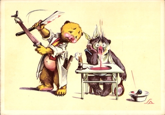 Artist Postcard Two humanized bears, knife, barber