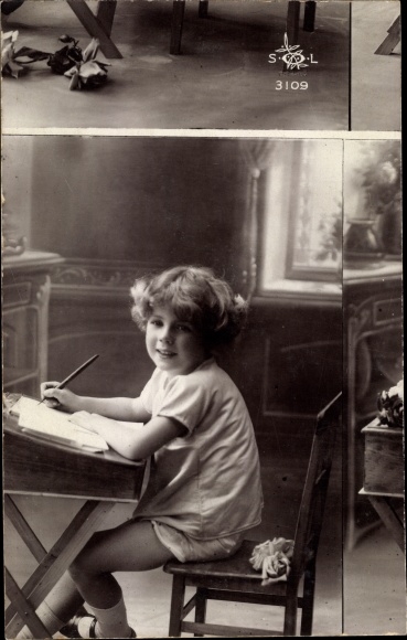 Postcard child at the desk, misprint