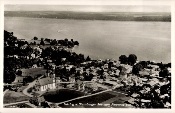 Postcard Tutzing on Lake Starnberg Upper Bavaria, aerial view of Lake Starnberg, church