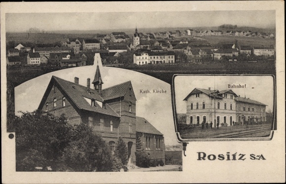 Ansichtkaart Rositz Thüringen, katholieke kerk, treinstation, spoorzijde