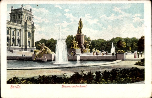 Postcard Berlin Tiergarten, Bismarck Monument, fountain, people, park,