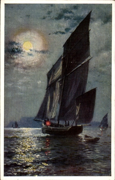 Artist Postcard Coast Guard, Sailing Yacht, Moonlit Night, Primus 1151