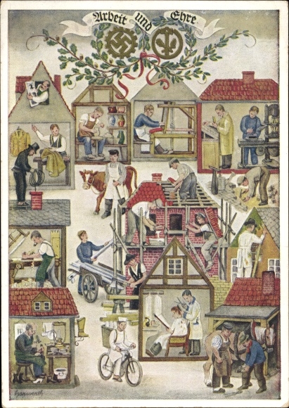 Artist PC Reichs Handwerkertag 1936, work and honor, hairdresser, baker, potter, chimney sweep
