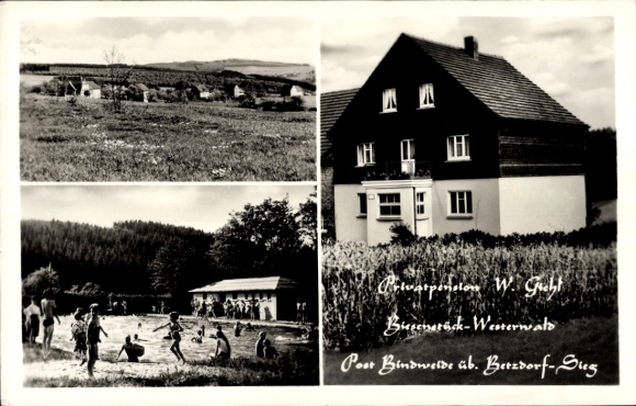 Postcard Biesenstück Steinebach in Rhineland Palatinate, private pension by Giehl, swimming pool, view of the town