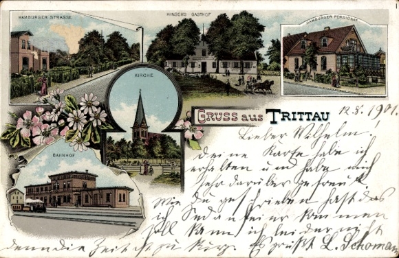 Litho Trittau Kr. Stormarn, Hamburger Straße, Hinschs Gasthof, Bahnhof, Gleisseite, Kirche