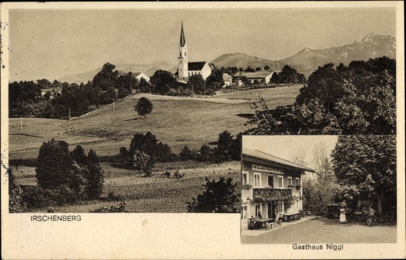 Postcard Irschenberg in Upper Bavaria, view of the town and church, Inn Niggl, view of the garden