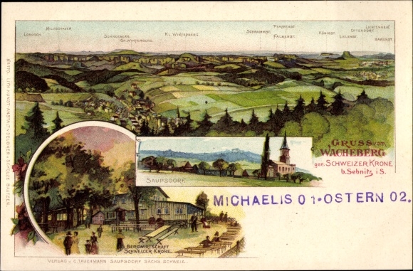 Chromo-Litho Saupsdorf Sebnitz Saxony, Wacheberg, mining Swiss crown