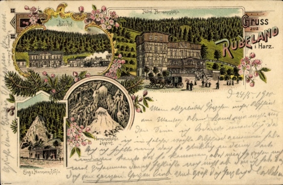 Chromo-Litho Rübeland Oberharz am Brocken, train station, Hotel Hermannshöhle
