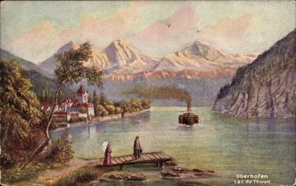 KP Oberhofen am Thunersee, kanton Berno, krajobraz z górami, jeziorem, parowcem, ludźmi na molo