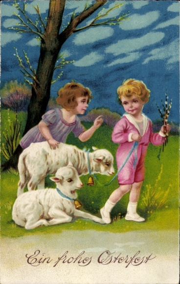 Ak Frohe Ostern, Kinder mit Lämmern, Weidenkätzchen