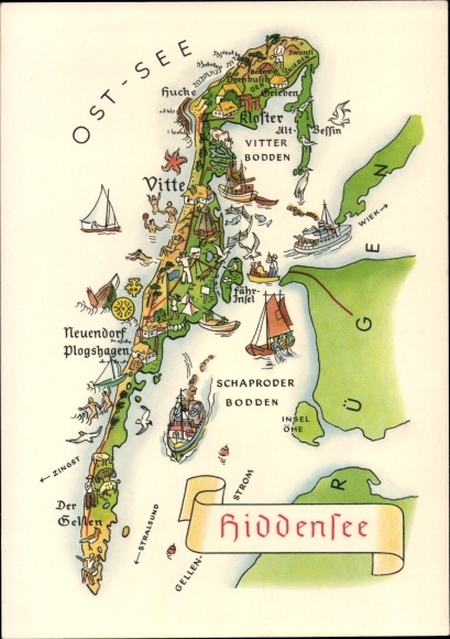 Maps Postcard Insel Hiddensee Ostsee, Vitte, Neuendorf, Plogshagen, Neuendorf, Bodden, Kloster