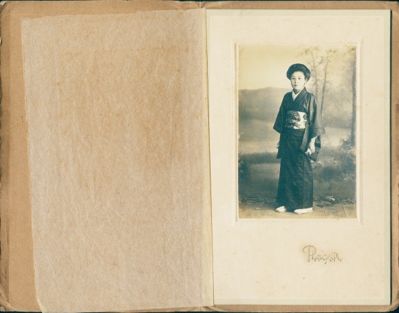 Cabinet photo Yamagata Japan, standing portrait of a Japanese woman in a kimono