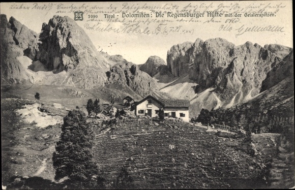 Postcard Dolomiten Südtirol, Regensburger Hütte, Geislerspitzen