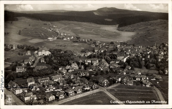 Postcard Schmiedefeld am Rennsteig Suhl Thuringia, climatic health resort Schmiedefeld, aerial photograph, green landscape