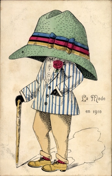 Chromo-Litho La Mode en 1910, man in suit, giant hat