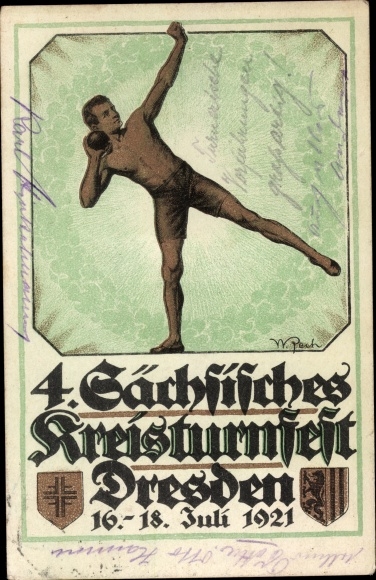 KP artysty W. Pech, Drezno, 4. Saksonia. Kreisturnfest 1921, Festsportkarte Nr.1, Kulomiot