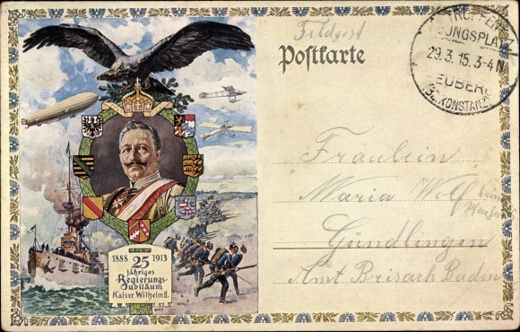 Ak Kaiser Wilhelm II., 25 jähriges Regierungsjubiläum, Zeppelin, Kriegsschiff