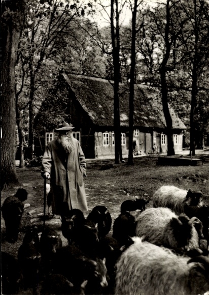 Postcard Wilsede Bispingen in the Lüneburg Heath, sheep shepherd, flock of sheep, thatched roof house