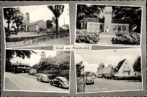 Ak Halstenbek Sleeswijk-Holstein, kerk, gedenkteken, Friedrichshulder Weg, bij het treinstation