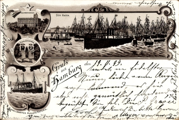 Chromo-Litho Hamburg, Vierländerin, Seaman's House, Harbor, Steamer Augusta Victoria