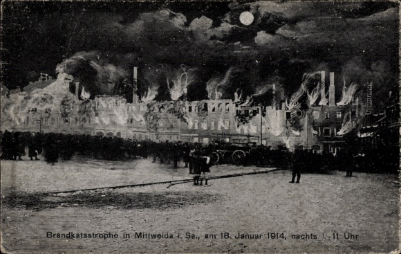 Mondschein Ak Mittweida in Sachsen, Brandkatastrophe 1914