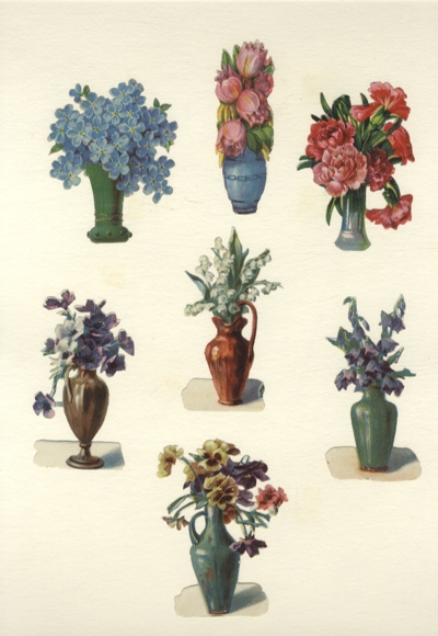 7 wafer flower vases with carnations, lilies of the valley, forget-me-nots, each approx. 8 x 5.5 cm