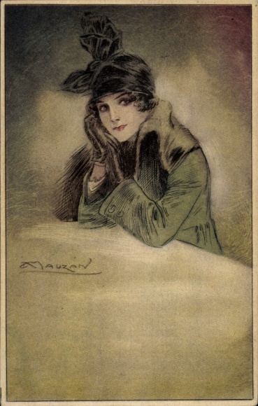 Artist Postcard Mauzan, woman portrait, coat, gloves