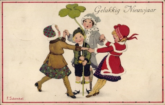 Artist Postcard Schenkel, Franziska, Happy New Year, cloverleaf, children