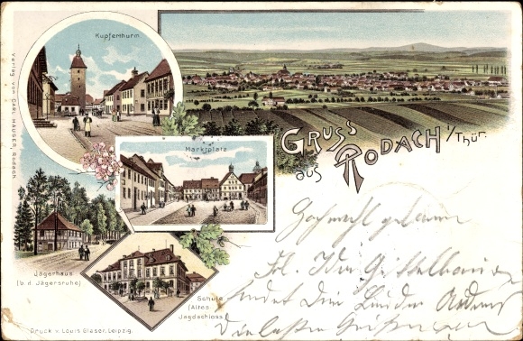 Litho Rodach Opper-Franken, koperen toren, marktplaats, jachthuis, school