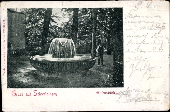 Postcard Schwetzingen in Baden, man with rake at the lens bowl, fountain