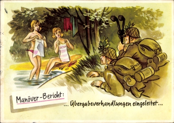 Artist PC German Bundeswehr, maneuver report, soldiers watching women bathing