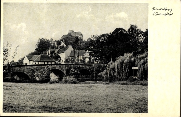 Postcard Trendelburg in northern Hesse, partial view, bridge